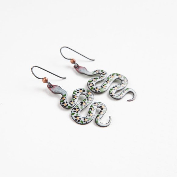 Handmade Copper Enamel Snake Earrings Reptile Rustic Nature Animal Jewelry Boho - Picture 5 of 9